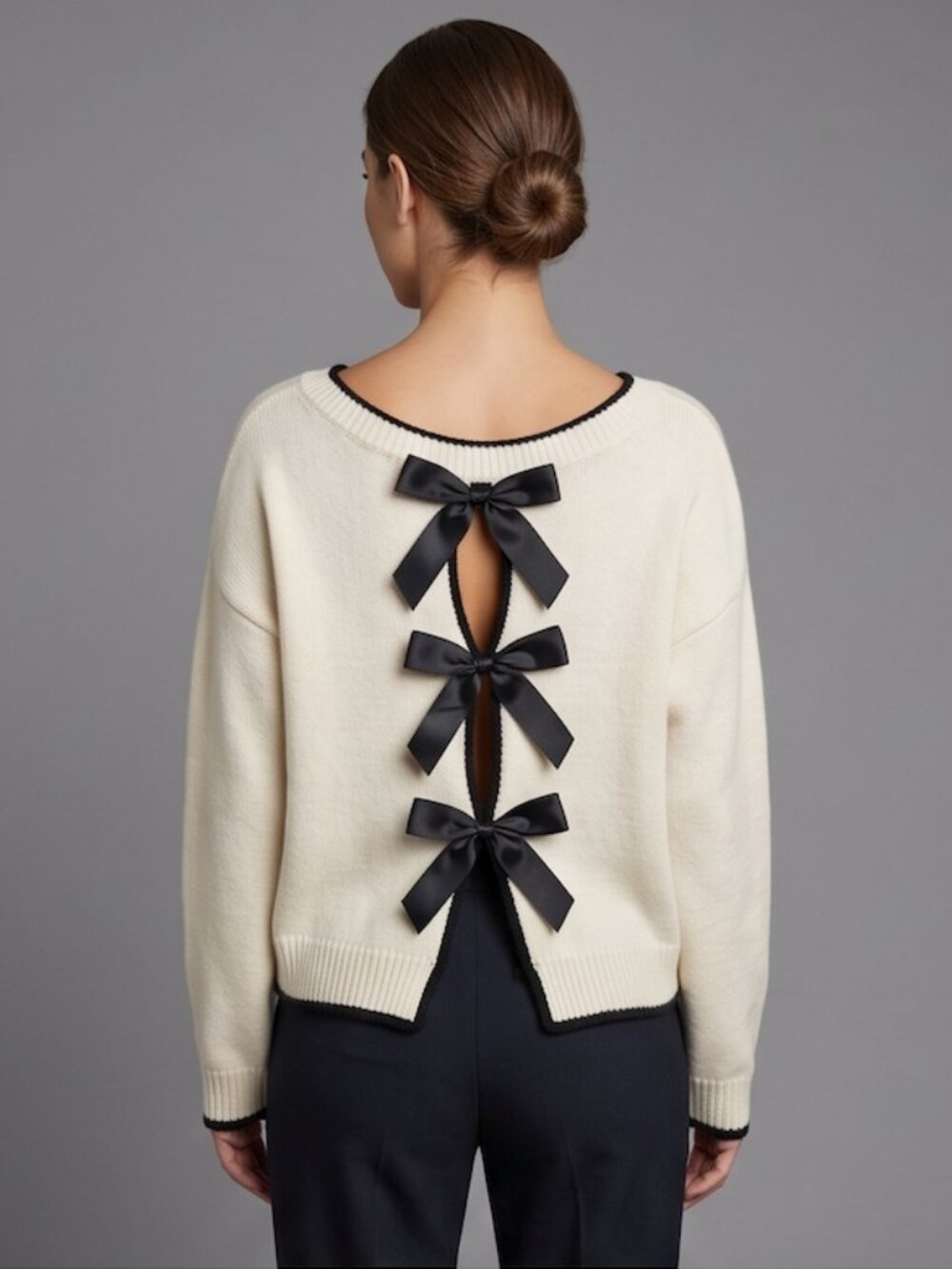 Cream Open Back Triple Bow Tie Sweater – Contrast Black Trim Knit Pullover
